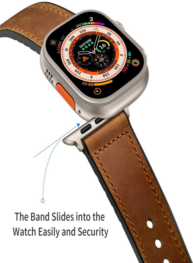 أحزمة جلدية من OUHENG متوافقة مع ساعة Apple Watch بمقاسات 49 مم/46 مم/45 مم/44 مم/42 مم، وحزام هجين من الجلد والمطاط لساعة iWatch Ultra 3/2/1 Series 11 10 9 8 7 6 5 4 3 2 1 SE 3/2/1، بني/تيتانيوم - Image 3