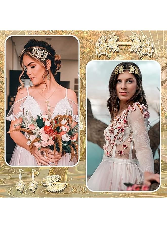 إيروريكس مجموعة إكسسوارات زي الإلهة اليونانية 9 قطع للنساء، عصابة رأس على شكل تاج من أوراق الغار الذهبية، سوار ملفوف على الذراع العلوي، أقراط متدلية من أوراق اللؤلؤ، قلادة، غطاء رأس الزفاف - Image 3