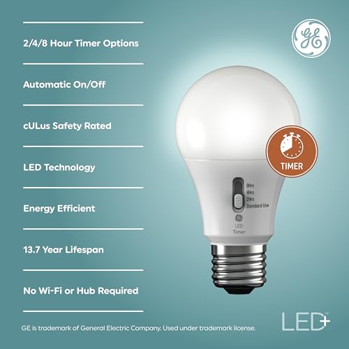 GE LED+ Timer A19 LED Light Bulbs, Built-in Automatic Indoor Timer Light, 8W, Soft White (4 Pack) - Image 2