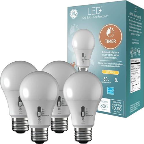 GE LED+ Timer A19 LED Light Bulbs, Built-in Automatic Indoor Timer Light, 8W, Soft White (4 Pack) - Image 1