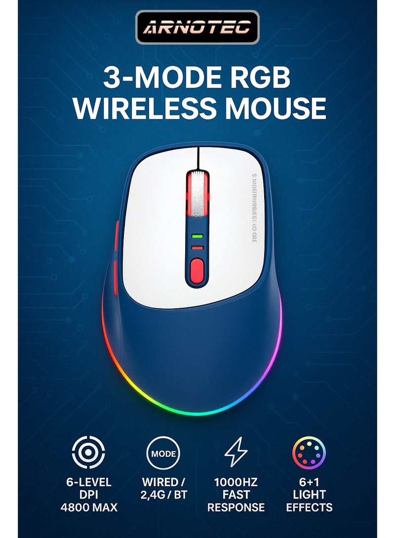 ARNOTEC ماوس ألعاب ثلاثي الأوضاع RGB مضيء، بطارية ليثيوم 500 أمبير في الساعة، معدل إرجاع 1 كيلو، 4800 نقطة في البوصة، سلكي، نوع C، لاسلكي، 2.4 جيجا هرتز، بلوتوث، طريقة اتصال بثلاثة أوضاع، لعبة مكتب، عالمي، عصري، لون لاسلكي - Image 1