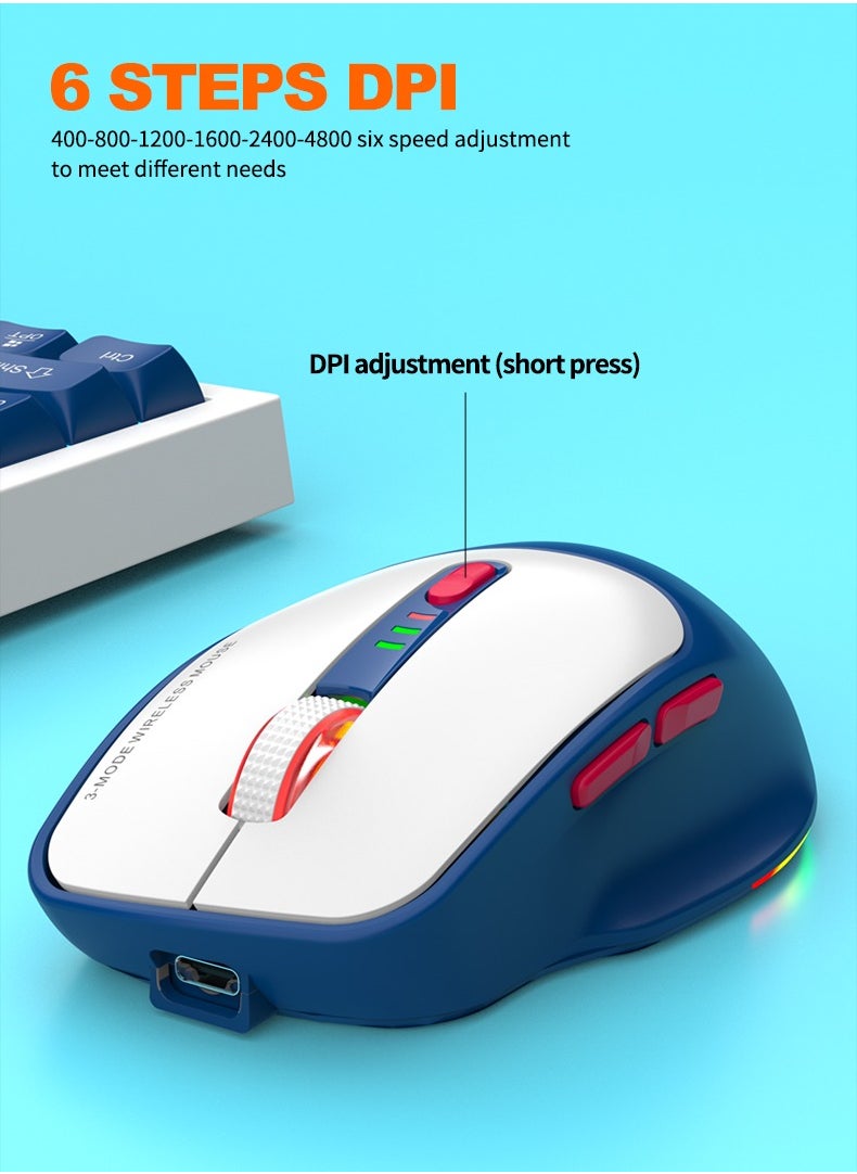 Triple-mode mouse RGB luminous gaming mouse 500Amh lithium battery charging 1K return rate 4800DPI wired TYPE C wireless 2.4G Bluetooth three modes connection method office game universal fashion color wireless