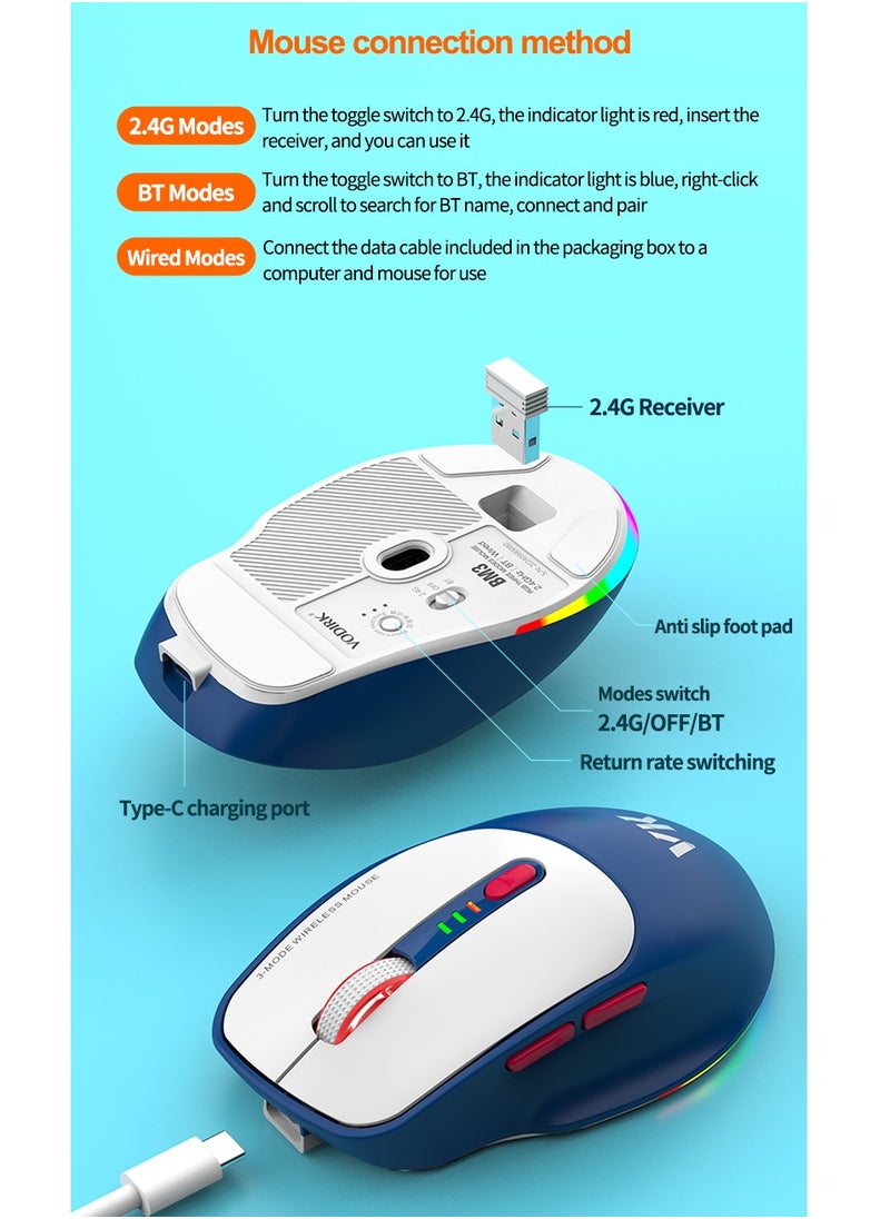 ARNOTEC ماوس ألعاب ثلاثي الأوضاع RGB مضيء، بطارية ليثيوم 500 أمبير في الساعة، معدل إرجاع 1 كيلو، 4800 نقطة في البوصة، سلكي، نوع C، لاسلكي، 2.4 جيجا هرتز، بلوتوث، طريقة اتصال بثلاثة أوضاع، لعبة مكتب، عالمي، عصري، لون لاسلكي  - Image 5