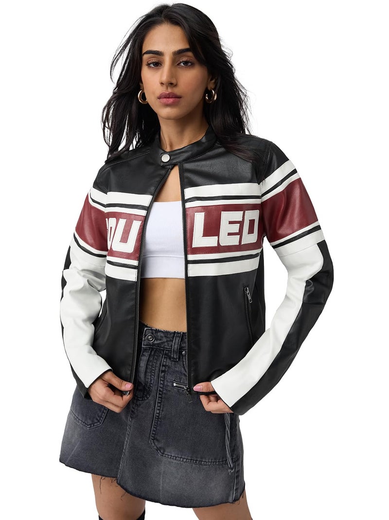 The Souled Store Biker Jacket Women and Girls Full Sleeves Band Collar Black Colour-Block Polyester Regular Fit Bold Typography Zippered Winter Jacket - Image 1