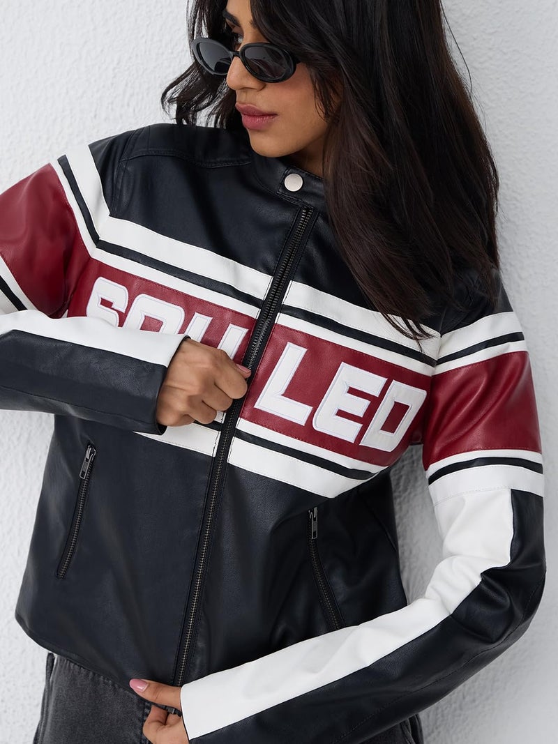 The Souled Store Biker Jacket Women and Girls Full Sleeves Band Collar Black Colour-Block Polyester Regular Fit Bold Typography Zippered Winter Jacket - Image 4