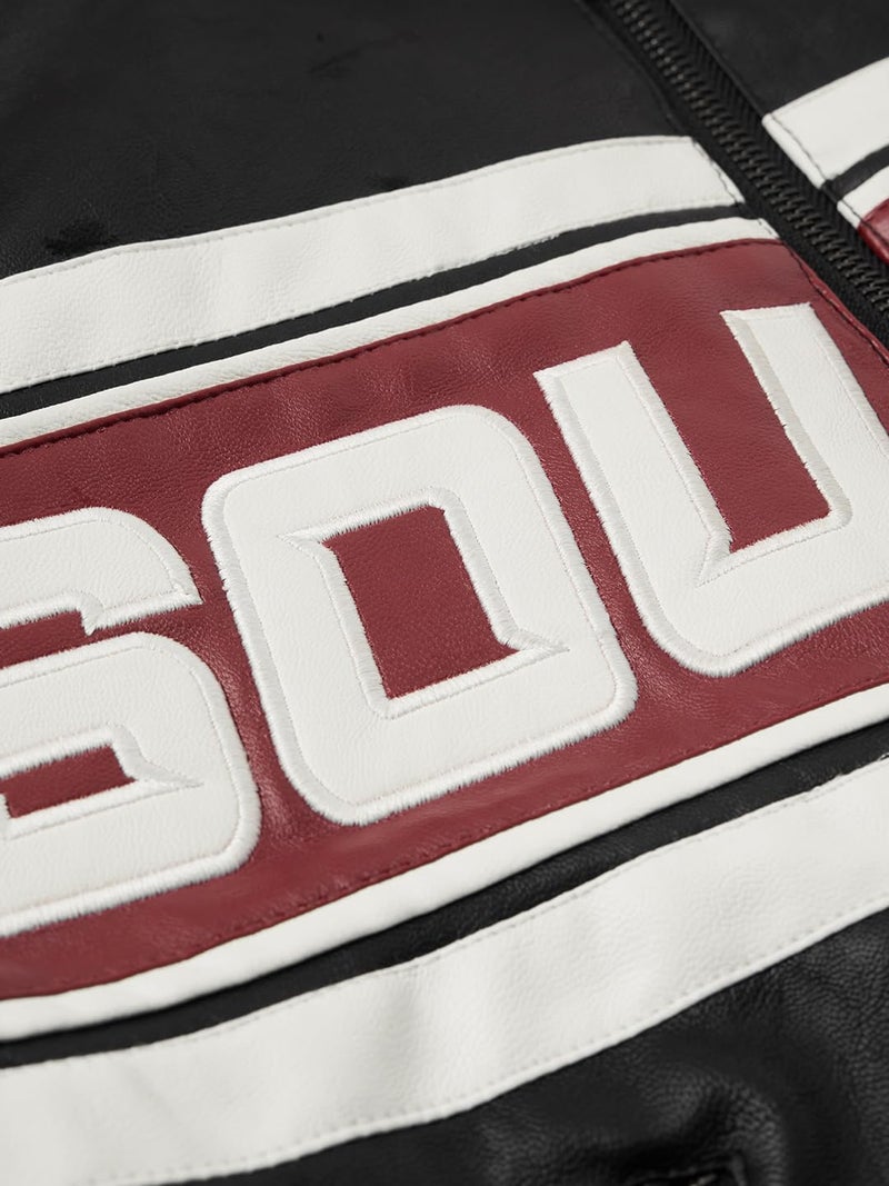 The Souled Store Biker Jacket Women and Girls Full Sleeves Band Collar Black Colour-Block Polyester Regular Fit Bold Typography Zippered Winter Jacket - Image 5