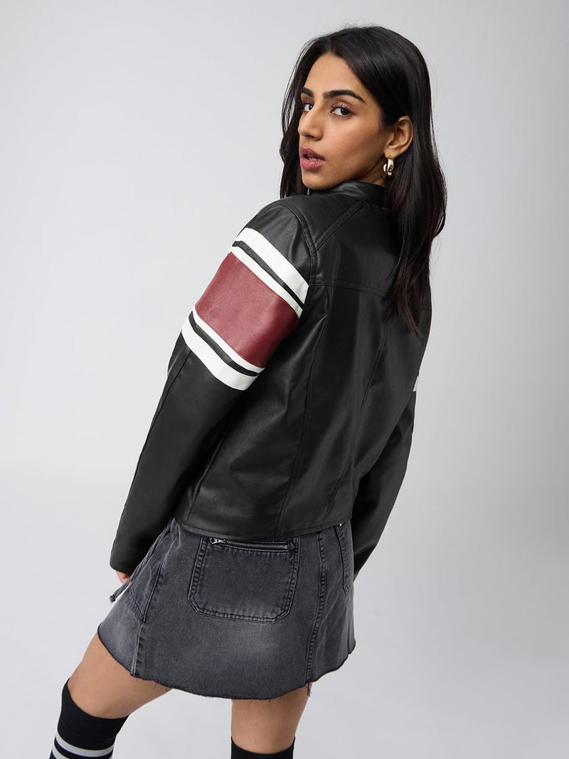 The Souled Store Biker Jacket Women and Girls Full Sleeves Band Collar Black Colour-Block Polyester Regular Fit Bold Typography Zippered Winter Jacket - Image 3