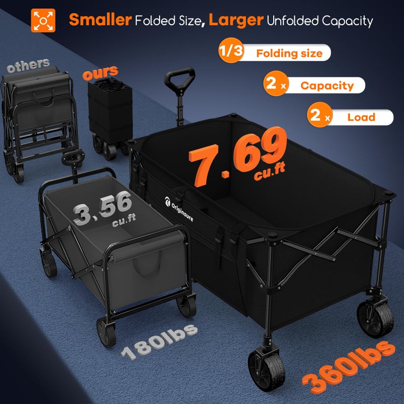 Originsure 220L Collapsible Wagon Cart Foldable, 38" L Extra Large Heavy Duty Folding Beach Wagons with All-Terrain Wheels, Utility Carts for Camping, Sports, Shopping, Groceries - Black - Image 4