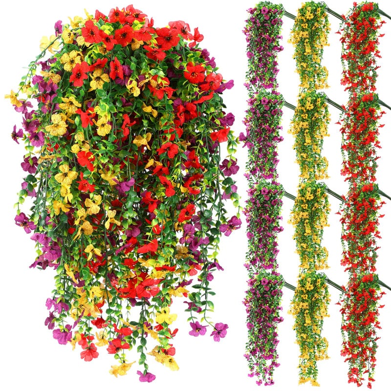 FineCheer 12 Pcs Artificial Hanging Flowers for Outdoor Spring Decoration Fake Hanging Plants Outside Fake Silk Flower Violets with Eucalyptus Realistic UV Resistant Trailing Vines Porch Yard Classic - Image 2