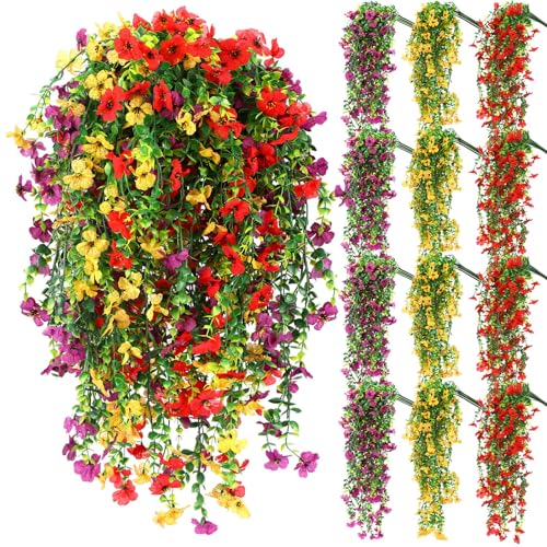 FineCheer 12 Pcs Artificial Hanging Flowers for Outdoor Spring Decoration Fake Hanging Plants Outside Fake Silk Flower Violets with Eucalyptus Realistic UV Resistant Trailing Vines Porch Yard Classic - Image 1