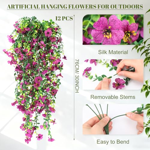 FineCheer 12 Pcs Artificial Hanging Flowers for Outdoor Spring Decoration Fake Hanging Plants Outside Fake Silk Flower Violets with Eucalyptus Realistic UV Resistant Trailing Vines Porch Yard Classic - Image 3
