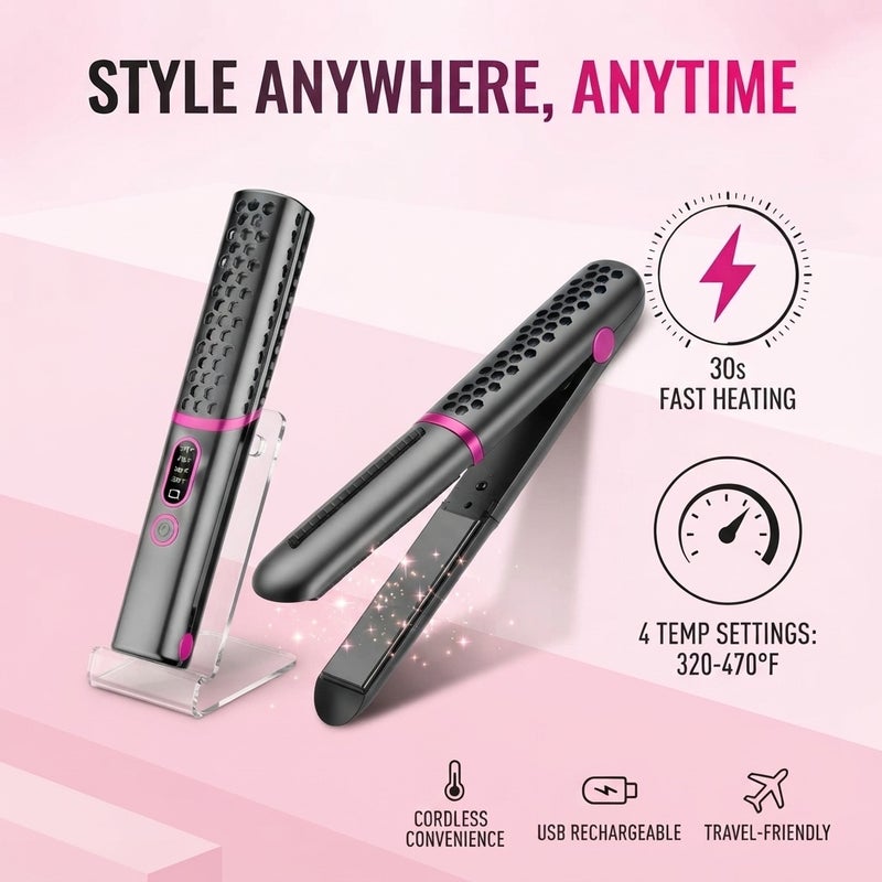 Bosidin Wireless Cordless Hair Straightener & Curler, 2-in-1 Portable USB Rechargeable Styling Iron with 4 Temperature Settings, 30s Fast Heating, Anti-Scald Travel Hair Styling Tool - Image 2