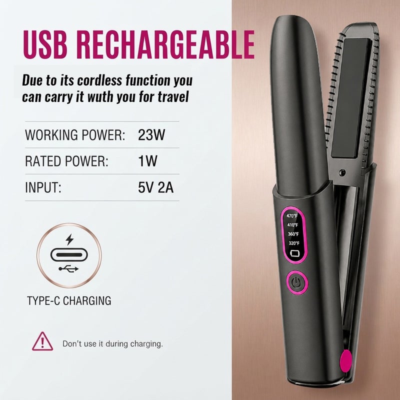 Bosidin Wireless Cordless Hair Straightener & Curler, 2-in-1 Portable USB Rechargeable Styling Iron with 4 Temperature Settings, 30s Fast Heating, Anti-Scald Travel Hair Styling Tool - Image 4