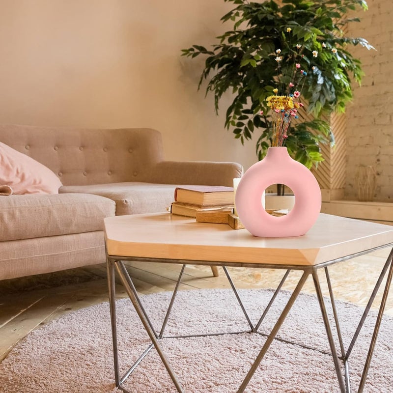 XTORE مزهرية سيراميك دائرية وردية فارسية لتزيين المنزل | مزهرية زخرفية جمالية بسيطة لغرفة المعيشة، غرفة النوم، الحمام، طاولة القهوة/العشاء - (عبوة من 1، العشب غير مشمول) - Image 3