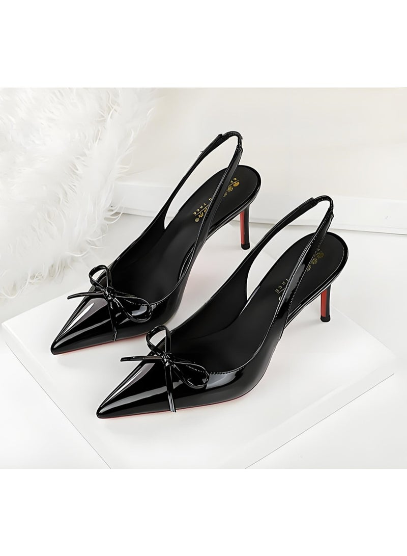 بيج تري المرأة قوس مغلق موجهة إصبع القدم مضخات سلينغباك عالية الكعب الصنادل الأسود 8CM - Image 1