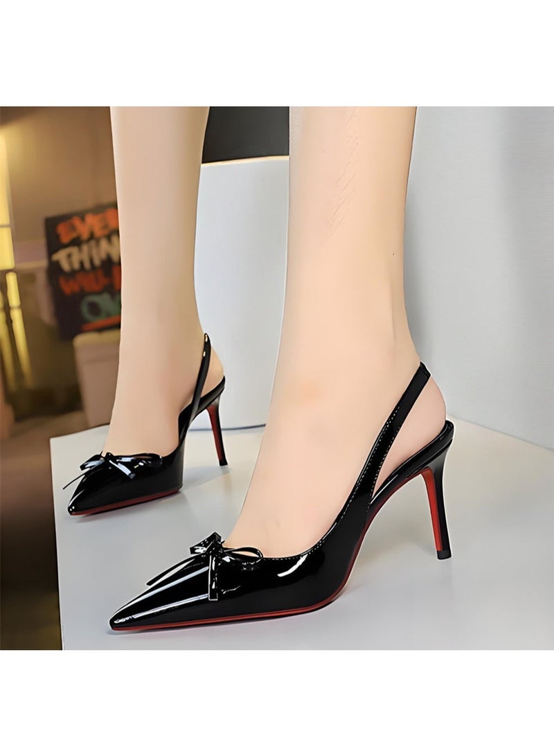 بيج تري المرأة قوس مغلق موجهة إصبع القدم مضخات سلينغباك عالية الكعب الصنادل الأسود 8CM - Image 3