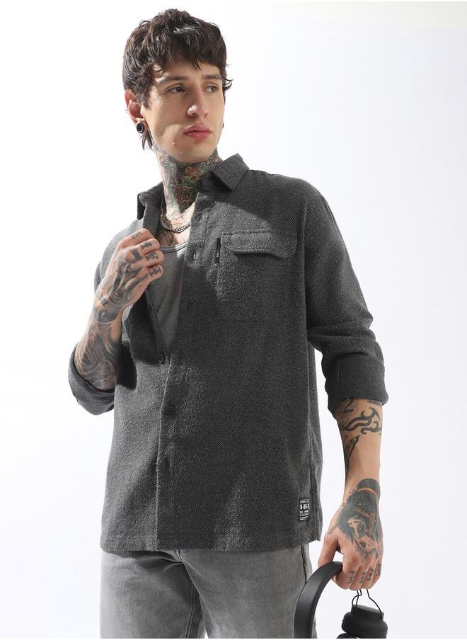 Hubberholme Men Spread Collar Cotton Textured Double Pocket Utility Casual Shirt  - Image 1