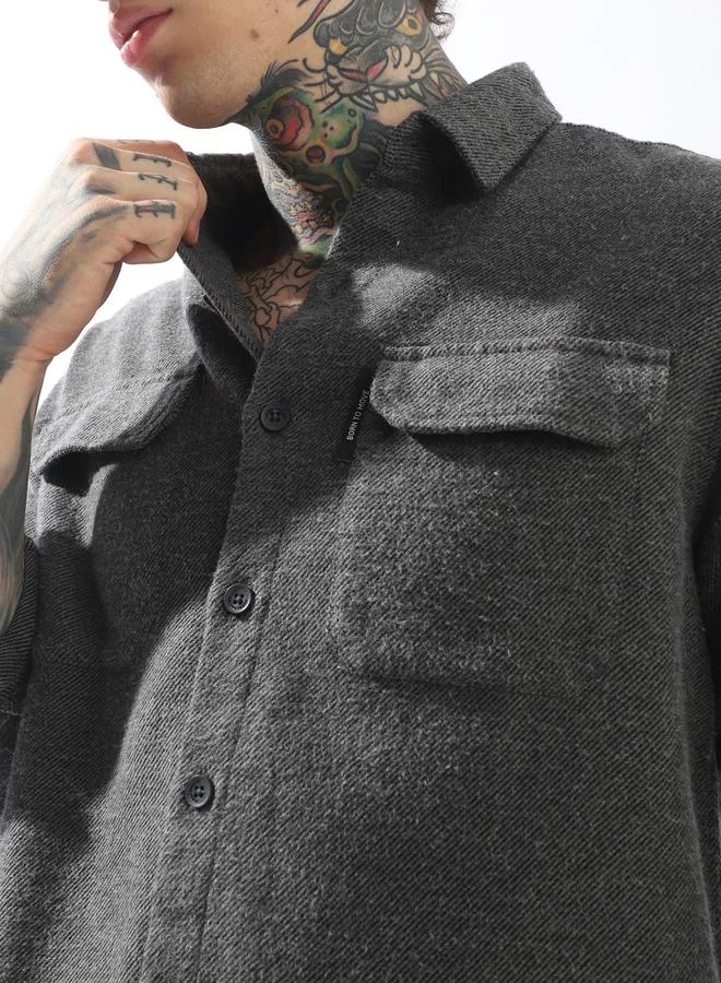 Hubberholme Men Spread Collar Cotton Textured Double Pocket Utility Casual Shirt