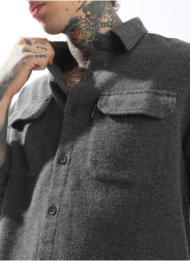 Hubberholme Men Spread Collar Cotton Textured Double Pocket Utility Casual Shirt  - Image 5