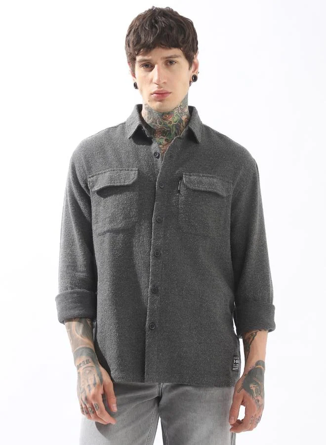 Hubberholme Men Spread Collar Cotton Textured Double Pocket Utility Casual Shirt