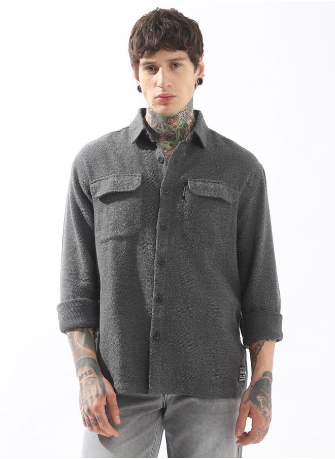 Hubberholme Men Spread Collar Cotton Textured Double Pocket Utility Casual Shirt  - Image 3