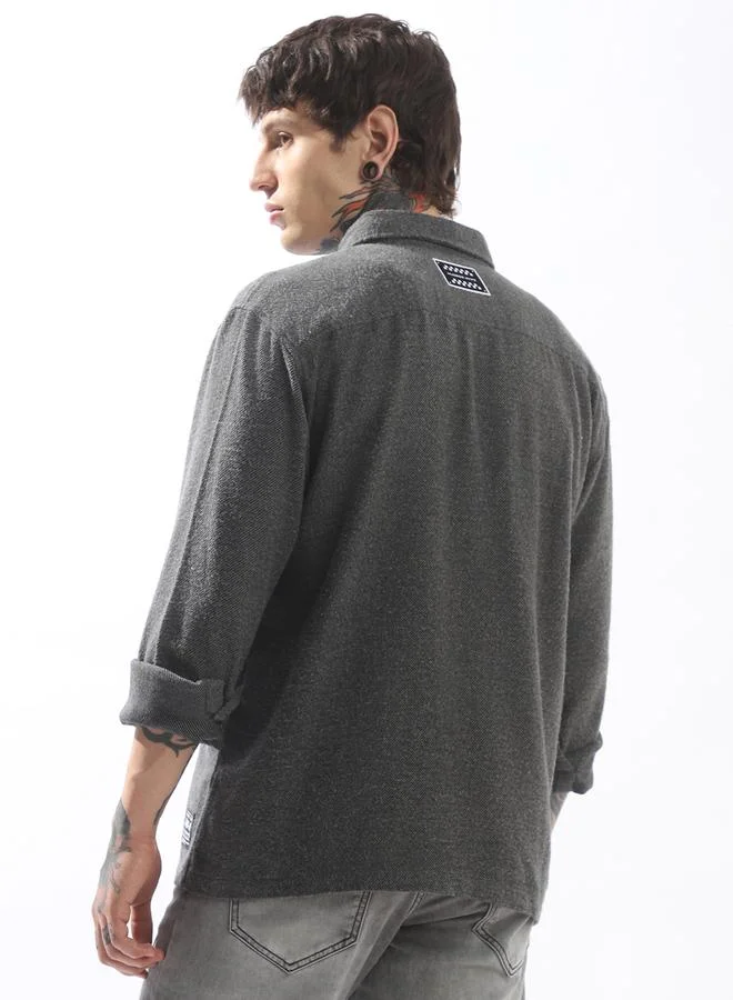 Hubberholme Men Spread Collar Cotton Textured Double Pocket Utility Casual Shirt