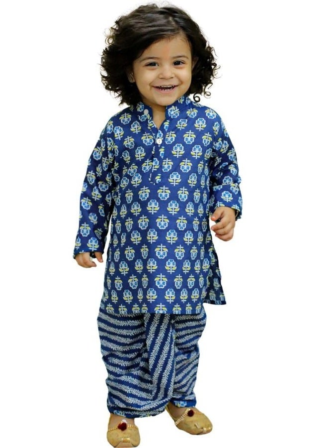 Bownbee Boys Pure Cotton Dhoti Kurta Set for Boys, Full Sleeve Kurta & Printed Dhoti Set for Baby Boys, Traditional Ethnic Wear for Kids Boy, Ideal for all Festivals (Indigo, 1-2 Years) - Image 1