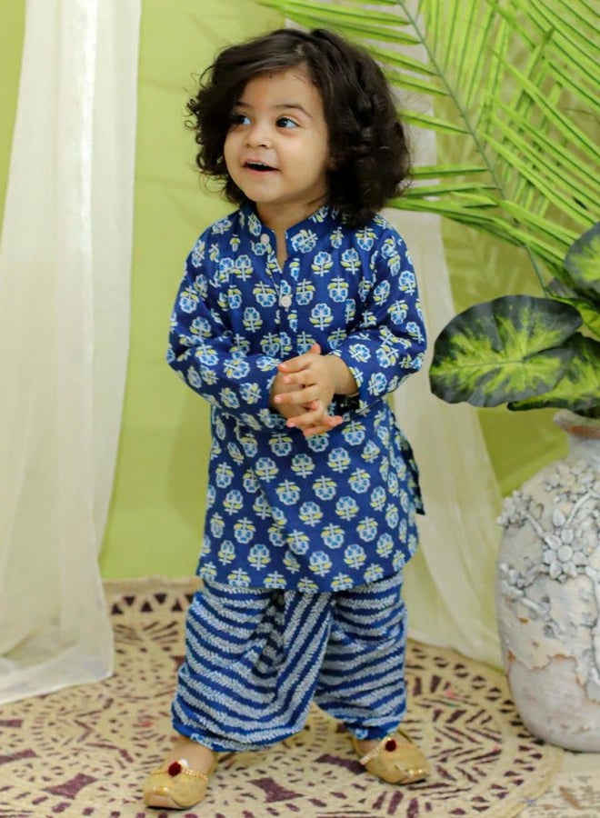 Bownbee Boys Pure Cotton Dhoti Kurta Set for Boys, Full Sleeve Kurta & Printed Dhoti Set for Baby Boys, Traditional Ethnic Wear for Kids Boy, Ideal for all Festivals (Indigo, 1-2 Years) - Image 5
