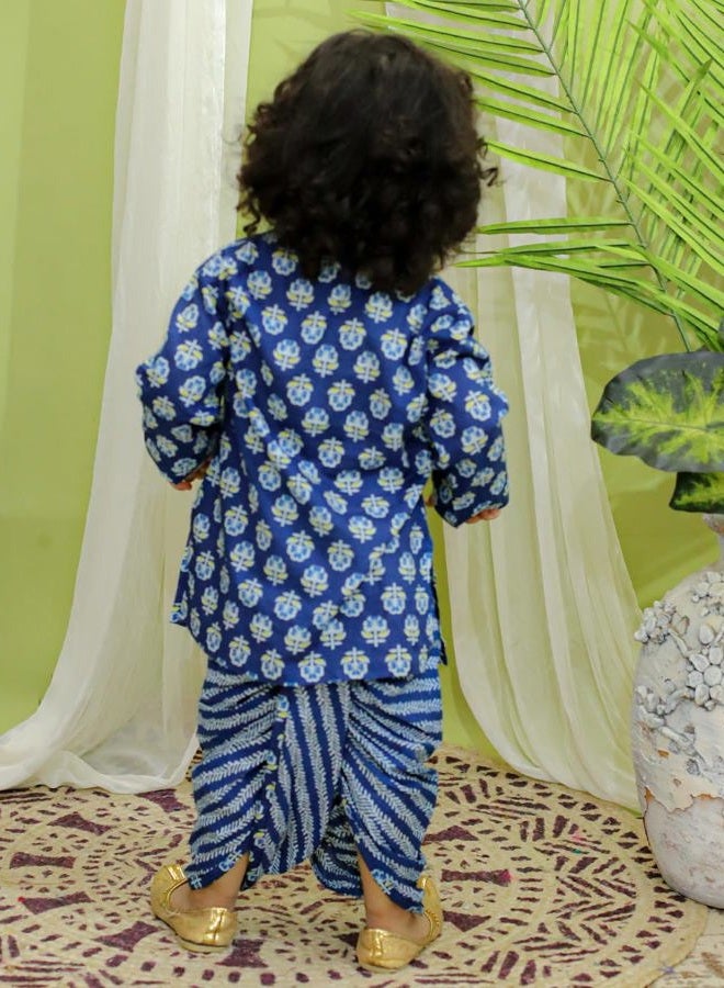 Bownbee Boys Pure Cotton Dhoti Kurta Set for Boys, Full Sleeve Kurta & Printed Dhoti Set for Baby Boys, Traditional Ethnic Wear for Kids Boy, Ideal for all Festivals (Indigo, 1-2 Years) - Image 2