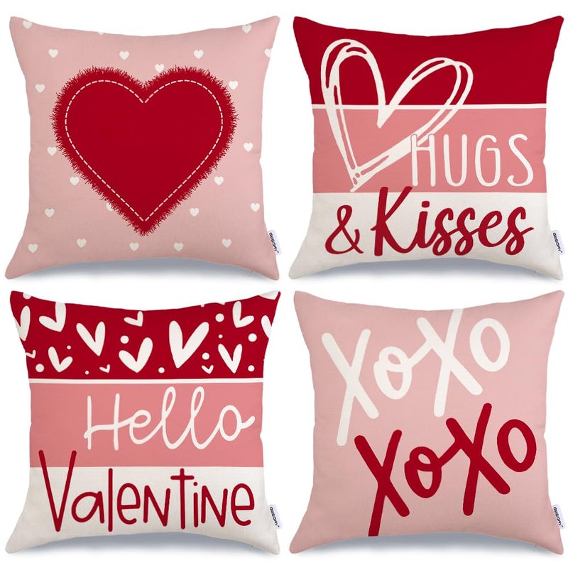 GEEORY Valentine's Day Hello Valentine Hugs & Kisses Throw Pillow Covers 18x18 Inch Set of 4, Red Heart XOXO Striped Decorative Farmhouse Wedding Cushion Cases for Home Decoration (Pink) G659-18 - Image 1