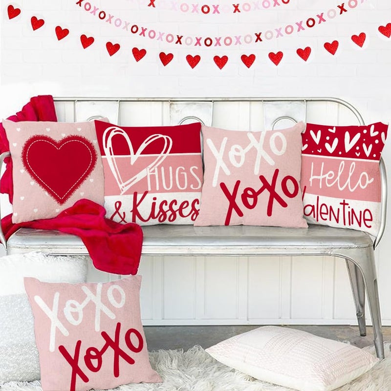 GEEORY Valentine's Day Hello Valentine Hugs & Kisses Throw Pillow Covers 18x18 Inch Set of 4, Red Heart XOXO Striped Decorative Farmhouse Wedding Cushion Cases for Home Decoration (Pink) G659-18 - Image 5