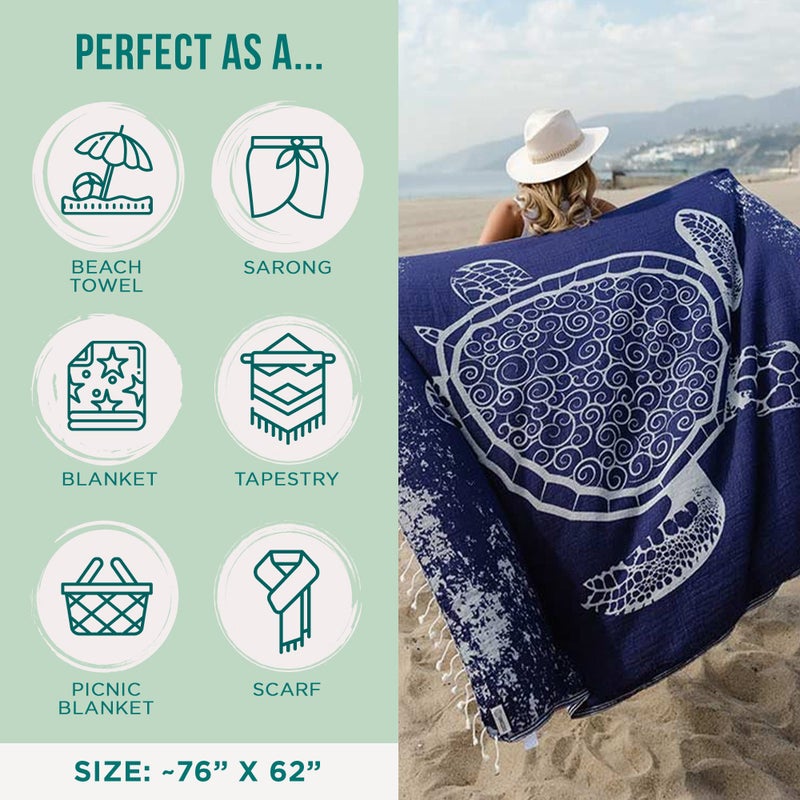 Sand Cloud Large Turkish Beach Towel - Sand Free - 100% Organic Turkish Cotton Yarn - Quick Dry Towel for Beach, Picnic, Blanket or Bath - As Seen on Shark Tank - Marine Life (Navy Crush Turtle) - Image 3