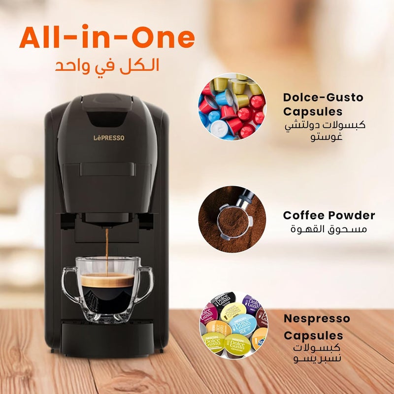LePRESSO LIETO Multi-Capsule Coffee Maker, 3 in 1 Capsule Coffee Machine, 19Bar Italian Pump, 0.6L Water Tank Capacity and 1450W Power, Compatible with Nespresso, Dolce Gusto and Grounded Coffee - Image 5