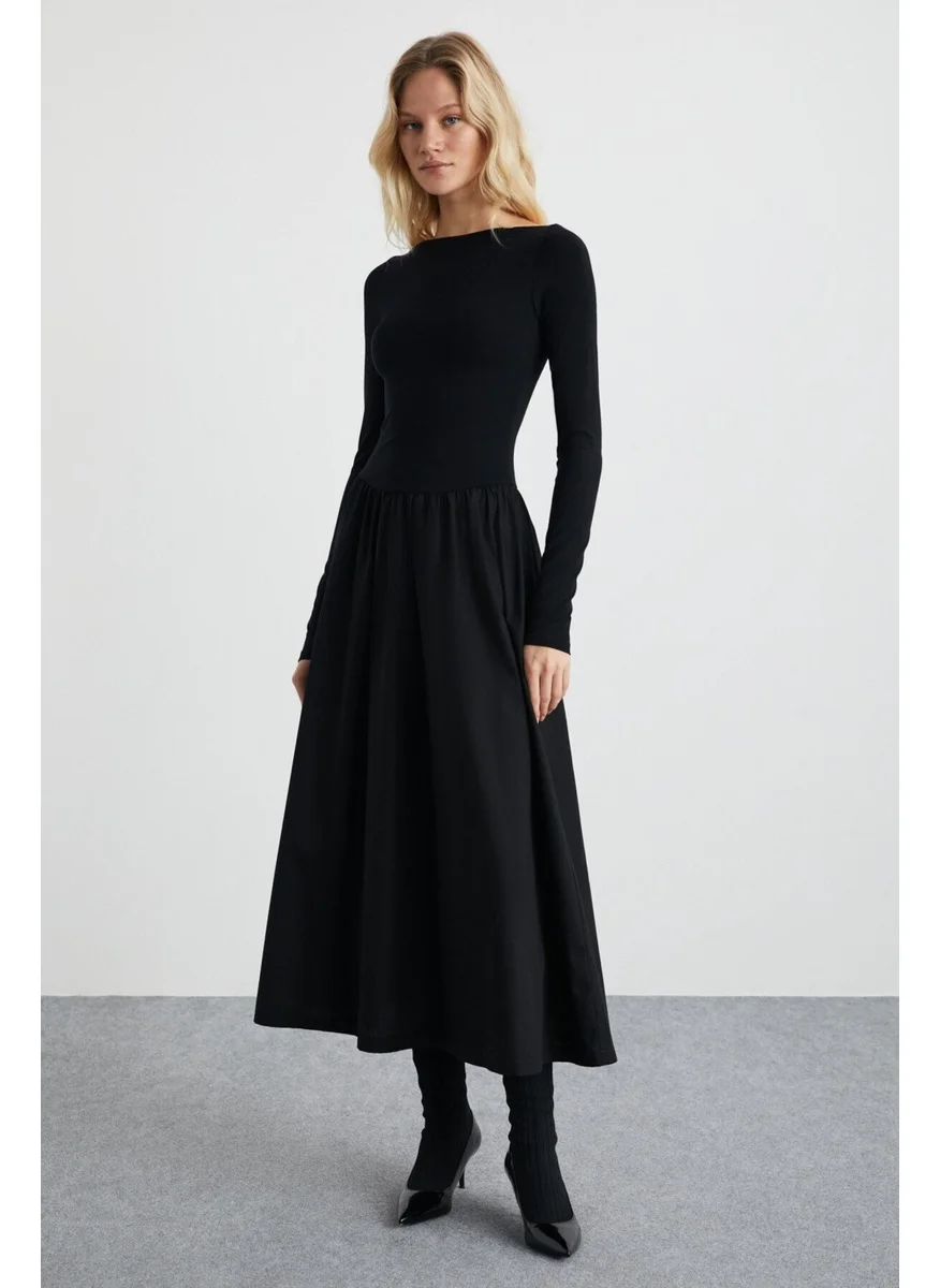 GRIMELANGE PANI Women Maxi Length Skirt Part Woven Poplin Flared Skirt Upper Part Flexible Stylish Black Dress