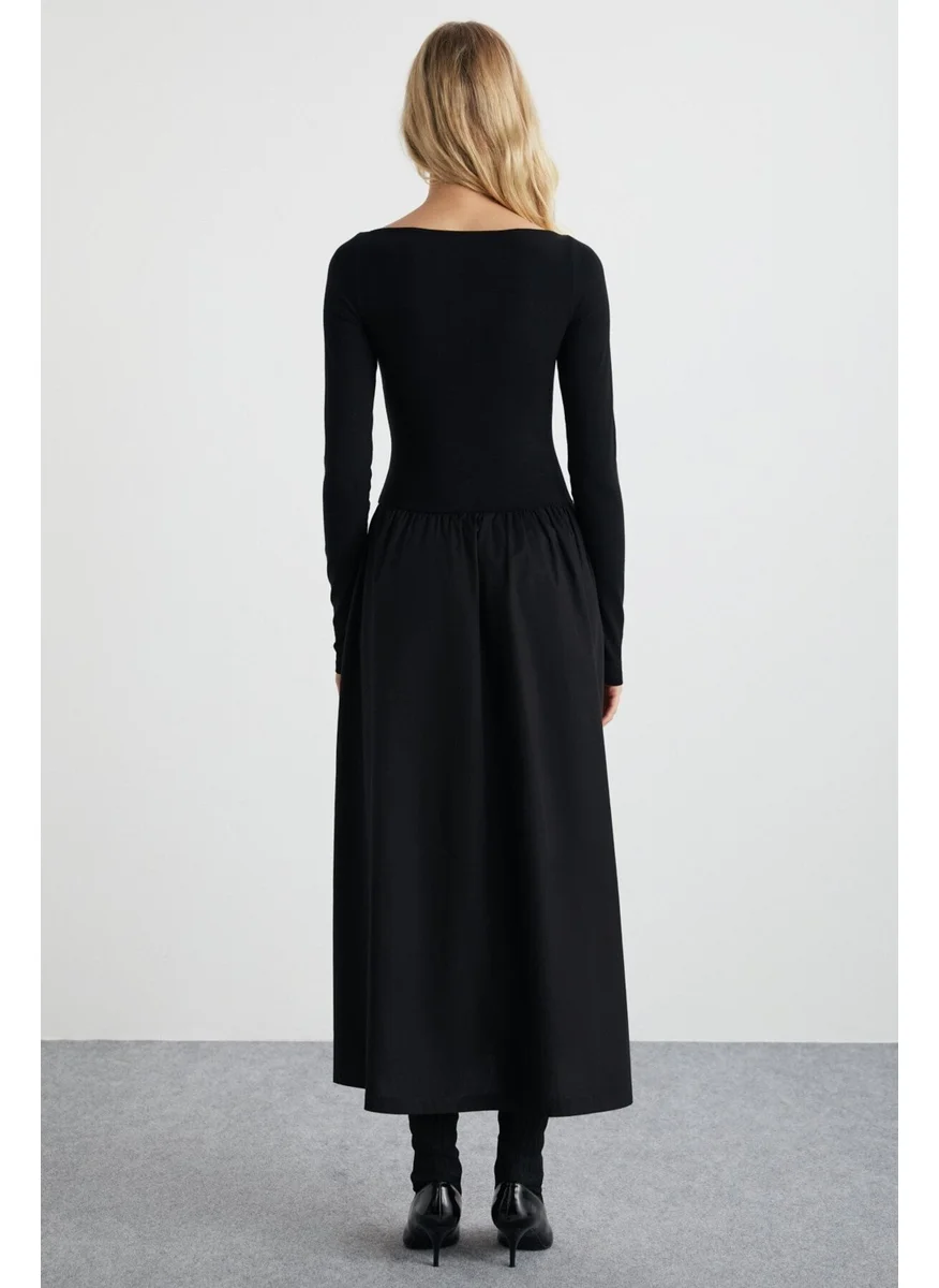 GRIMELANGE PANI Women Maxi Length Skirt Part Woven Poplin Flared Skirt Upper Part Flexible Stylish Black Dress