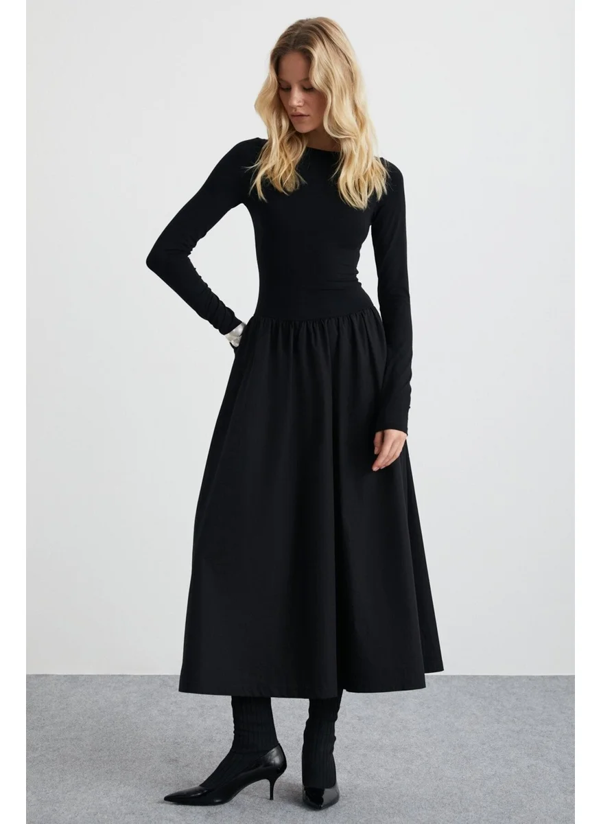 GRIMELANGE PANI Women Maxi Length Skirt Part Woven Poplin Flared Skirt Upper Part Flexible Stylish Black Dress