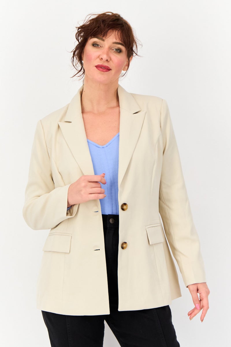 Archive Design Studio Women Regular Fit Solid Casual Blazer, Beige  - Image 1
