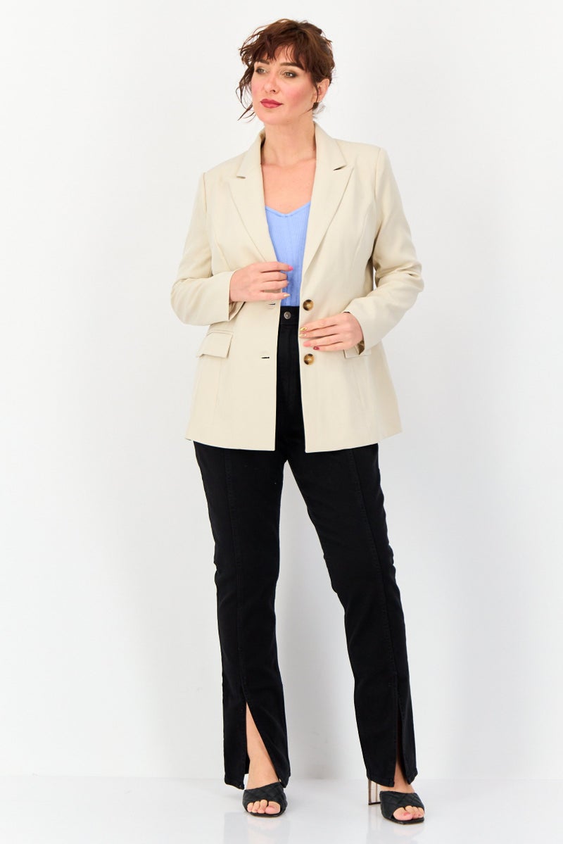 Archive Design Studio Women Regular Fit Solid Casual Blazer, Beige  - Image 4