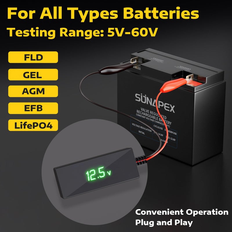 SUNAPEX Digital Battery Voltage Tester Battery Voltmeter with LCD Display and Alligator Clips 6V 12V 24V 48V Battery Checker for Golf Cart Motorcycle RV Marine Car OffGrid Solar Batteries - Image 4