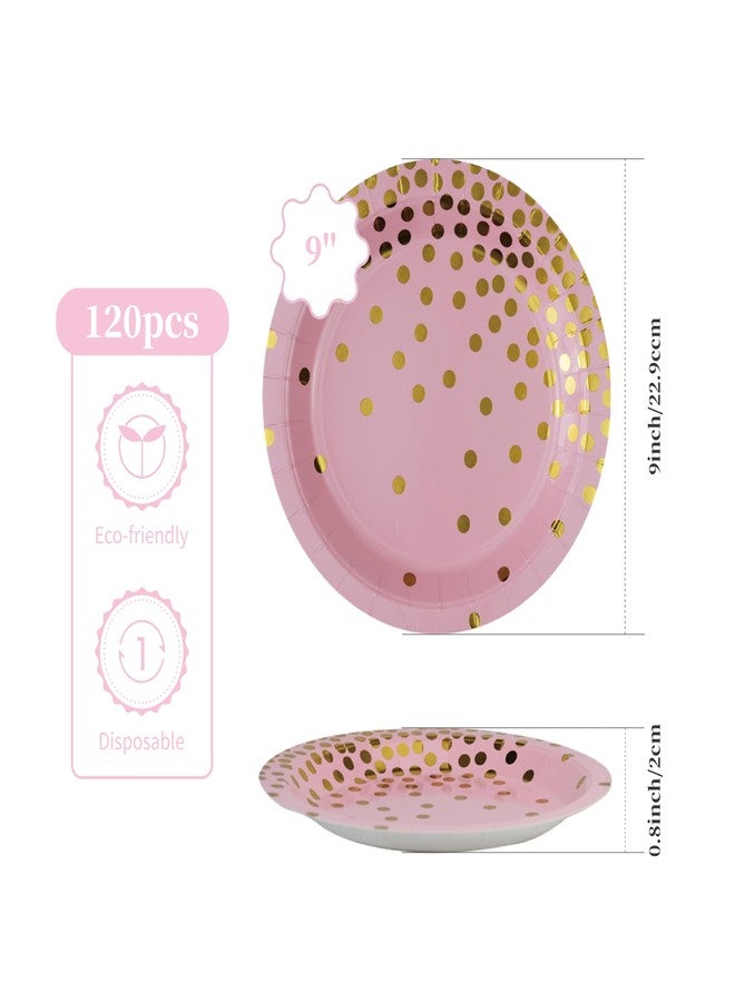 Ottin Pink and Gold Foil Dots Party Paper Plates 9'' Disposable Dinner Plates 120 counts for Birthday Party Wedding Decorations Bridal Shower Graduation Engagement - Image 2