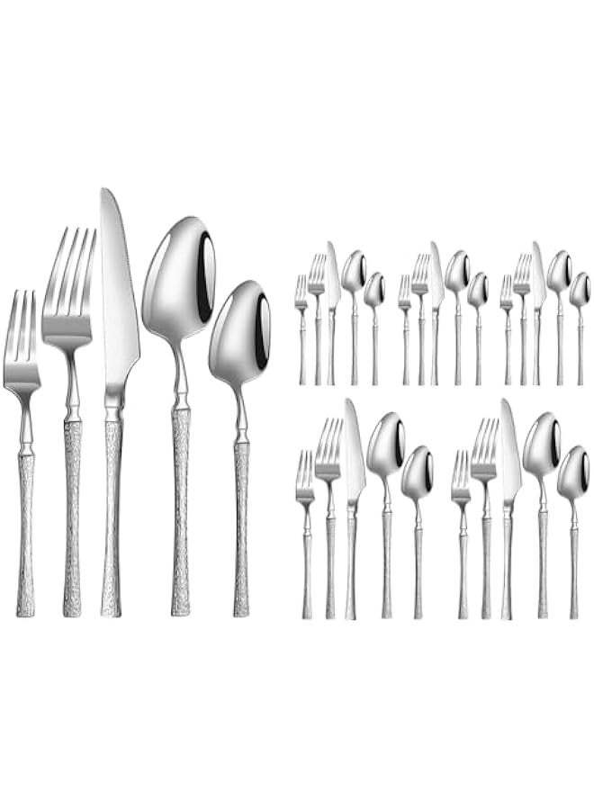Beauenty 30-Piece Elegant Stainless Steel Cutlery Set, Dishwasher Safe Mirror Polished Tableware for 6 people, Exquisite Dinnerware Including Steak Knives/Forks/Spoons/Dessert Spoons (Silver 30L) - Image 1