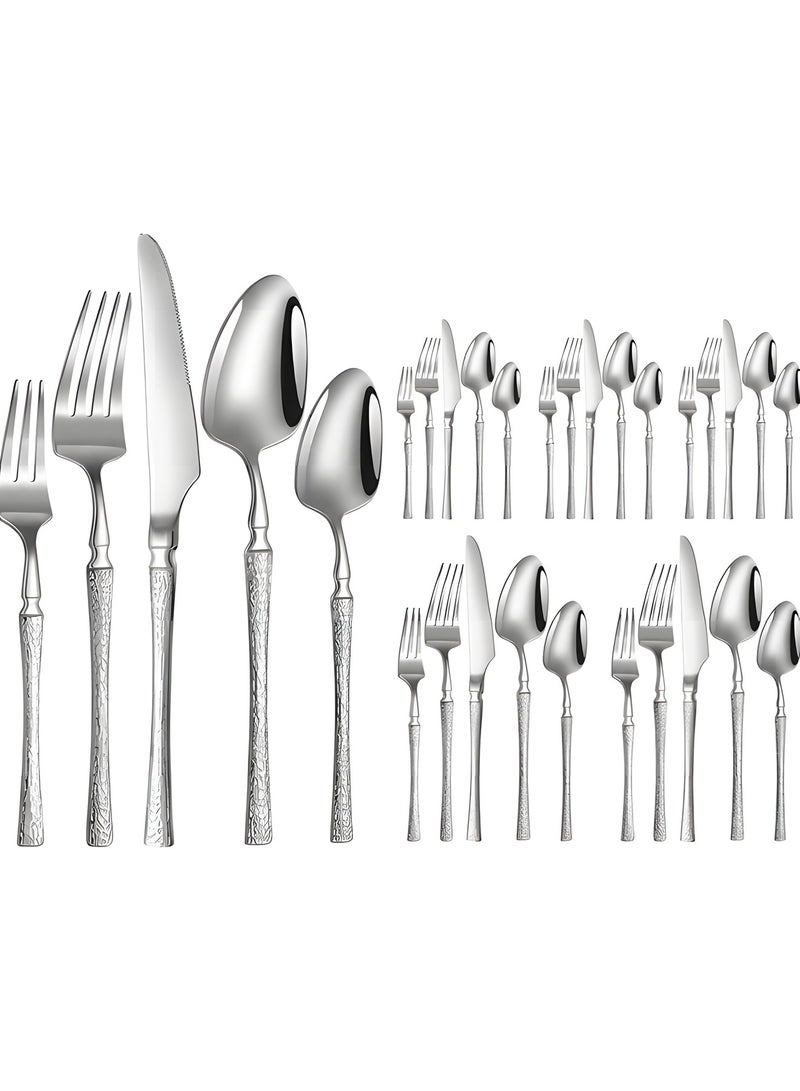Beauenty 30-Piece Elegant Stainless Steel Cutlery Set, Dishwasher Safe Mirror Polished Tableware for 6 people, Exquisite Dinnerware Including Steak Knives/Forks/Spoons/Dessert Spoons (Silver 30L) - Image 1