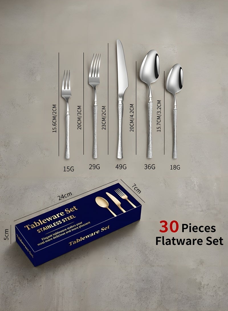 Beauenty 30-Piece Elegant Stainless Steel Cutlery Set, Dishwasher Safe Mirror Polished Tableware for 6 people, Exquisite Dinnerware Including Steak Knives/Forks/Spoons/Dessert Spoons (Silver 30L) - Image 2