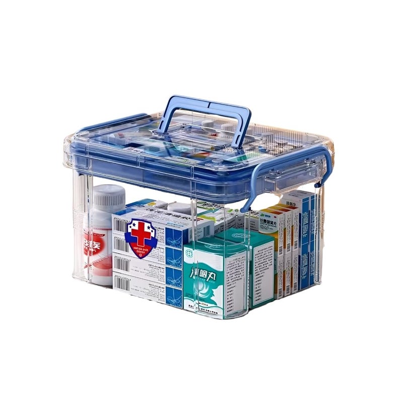 HOOPVOOL صندوق تخزين الأدوية البلاستيكي الشفاف المنظم، مجموعة الطوارئ العائلية مع علبة حبوب قابلة للإزالة حاوية محمولة قابلة للقفل، منظم للأعمال الفنية والتجميلية المنزلية (أزرق، صغير) - Image 1