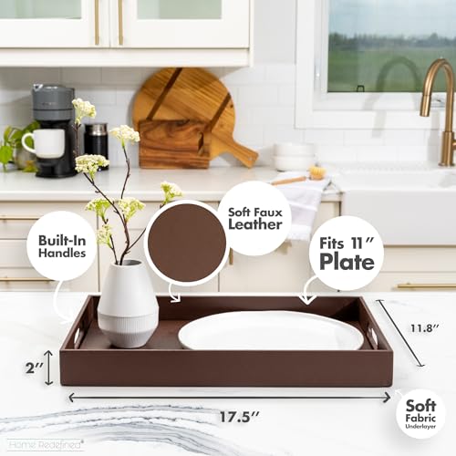 Home Redefined Beautiful Modern Elegant 17.5"x12" Rectangle Classic Brown Faux Leather Decorative Tray Ottoman Coffee Table Perfume Living Room Kitchen Serving Tray with Handles for All Occasion's - Image 3
