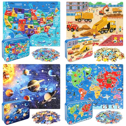 LELEMON 100 Pieces Puzzles for Kids Ages 48 4 Set Kids Puzzle Ages 68United States World Solar System Construction Site Children Learning Educational Puzzless Toys for Boys and Girls - Image 1