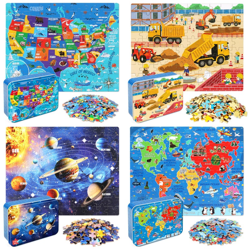 LELEMON 100 Pieces Puzzles for Kids Ages 48 4 Set Kids Puzzle Ages 68United States World Solar System Construction Site Children Learning Educational Puzzless Toys for Boys and Girls - Image 3
