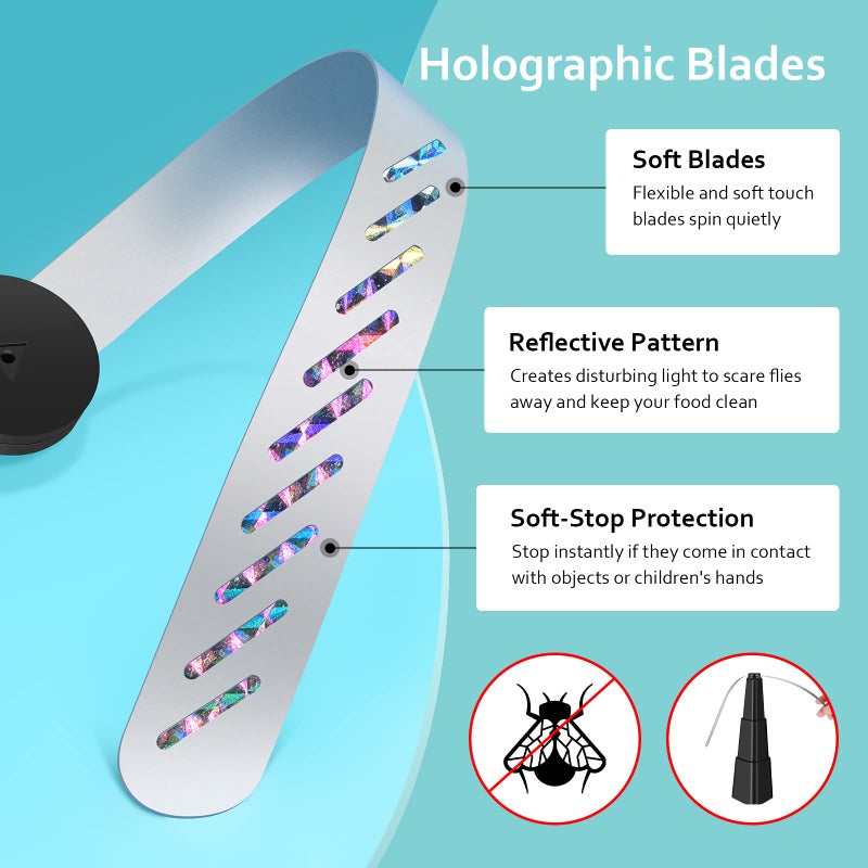 AMIAEDU مراوح طيران للطاولات، مروحة طيران داخلية وخارجية تبقي الذباب بعيدًا، دوّار طاولة بشفرات هولوجرافية، طارد للذباب للنزهات، المطاعم، الحفلات، المنزل، الشواء (4 عبوات) - Image 3