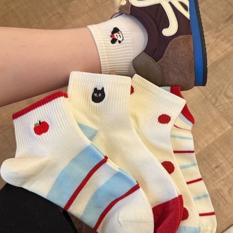 Spring and Summer All-match Thin Korean Style Mesh Sports Socks Ins Trendy Cartoon Low-top Short Tube White Loving Socks for Children Kitten - Image 5
