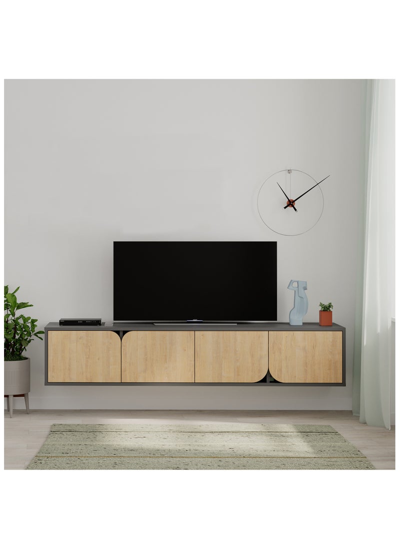 موراه خزانة تلفزيون سبارك عائمة من موراه هوم، حتى ٧٠ بوصة | وحدة تلفزيون مثبتة على الحائط بأربعة أبواب | وحدة تلفزيون | ١٨٠ × ٣٥٫٦ × ٣٥ سم | رمادي داكن - بلوط - Image 1